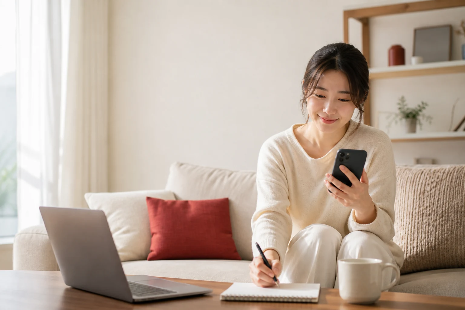 거실에서 스마트폰으로 영상을 보며 구독료를 비교하는 한국인 여성